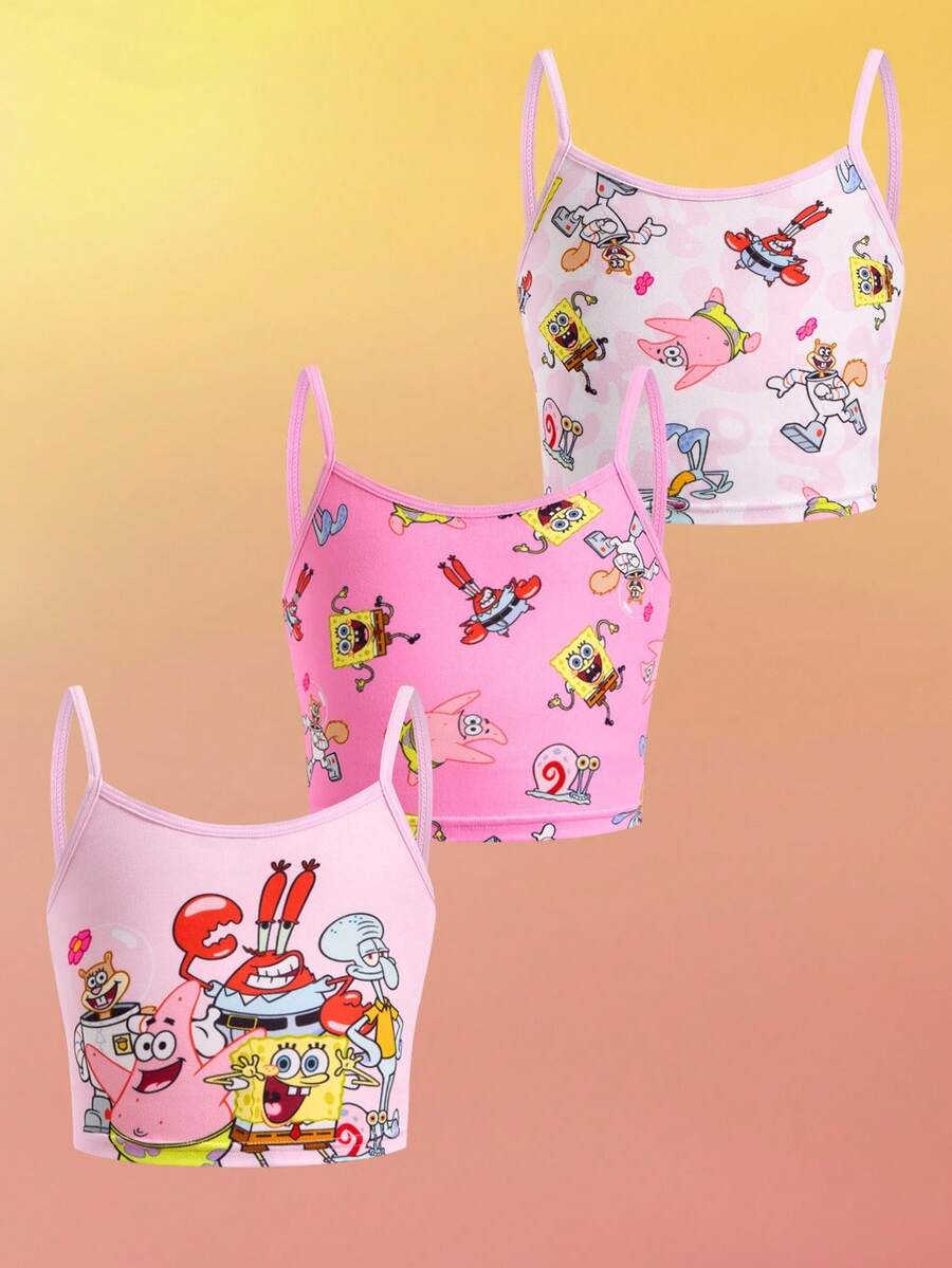 SpongeBob SquarePants | SHEIN 3pcs Young Girl Pink Cute Cartoon Print Longline Cami Tops,Cute,Kawaii,Sweet Fall Winter - Pink - View 1