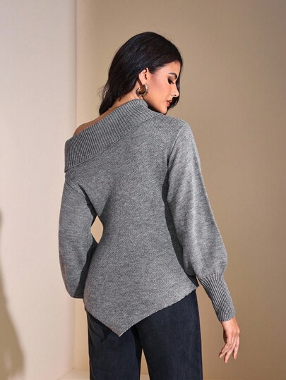 JIAN LASALA Asymetryczny sweter z jednym ramieniem, z długimi rękawami, dzianinowy sweter damski, jesień-zima, swobodny, damski sweter, asymetryczny sweter, szary sweter, sweter z odkrytymi ramionami, dzianinowy sweter damski, asymetryczna bluzka, swetry damskie, sweter z odkrytymi ramionami, szare bluzki damskie, noworoczne stroje dla gości weselnych, luksusowa, stylowa kolekcja odzieży