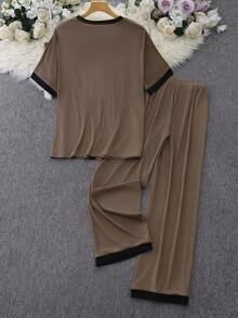 SHEIN Lacomfia 2 pièces/Set Top à manches courtes et pantalon de couleur contrastée élégants et décontractés, ensemble tricoté pour femmes de grande taille - Multicolore - Voir 2