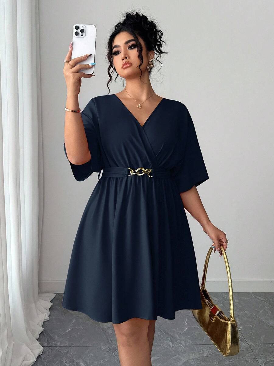 Elenzga 优雅V领收腰短款红色晚礼服，夏季休闲简约风格 - 藏蓝色 - 查看 1