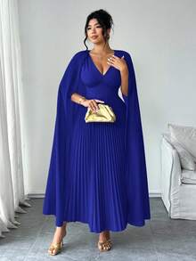 Elenzga Đầm xòe chữ A tay cánh dơi cổ chữ V họa tiết chắp vá cỡ lớn, eo giả, viền chữ A, thường ngày thanh lịch, thích hợp mặc đi chơi, dự tiệc, ngày lễ - Xanh đậm - Xem 4
