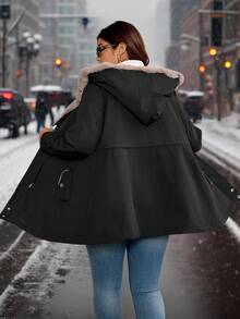 SHEIN Clasi 大码女式日常休闲拉链连帽抽绳收腰长袖外套，带口袋，加厚保暖绒里，保暖防风，2025新款，舒适保暖，大码女式长袖口袋休闲外套，适合秋季、冬季、复古风、外出穿着 - 黑色 - 查看 8