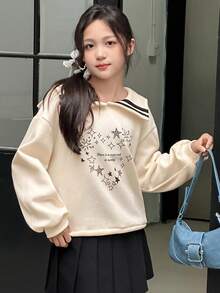 女童海军蓝领针织保暖长袖休闲运动衫，心形印花，学院风，秋季 - 米色 - 查看 2