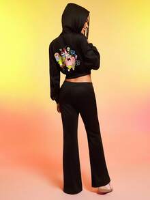 SpongeBob SquarePants | SHEIN 女士休闲日常通勤趣味可爱卡通印花拉链抽绳连帽短款运动衫和喇叭裤两件套，春秋 - 黑色 - 查看 5