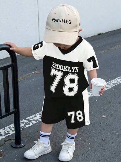 SHEIN Baby & Toddler Boys' V-Neck Short Sleeve T-Shirt And Printed Sports Shorts Outfit, Casual Sportswear Suitable For Daily Wear, Sports Watching, Summer