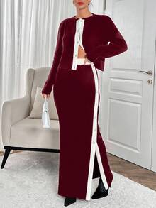 EURMUSE 2pcs Women Cardigan And Maxi Dress Sweater Set, With Rhinestone Buttons And Side Rhinestone Details,Co Ord,Winter Clothes - Burgundy - View 3