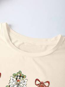 EMERY ROSE Merry And Bright Christmas Tree Printed Casual Plus Size T-Shirt - Beige - View 4