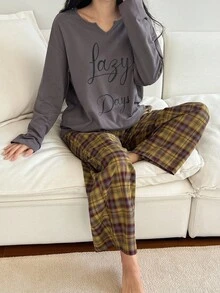 DAZY 2 件套女士宽松文字印花长袖上衣和格子裤睡衣套装，秋季服装 - 灰色 - 查看 3