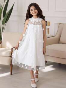 女童圆领无袖连衣裙，3D花卉面料，优雅大方，适合派对