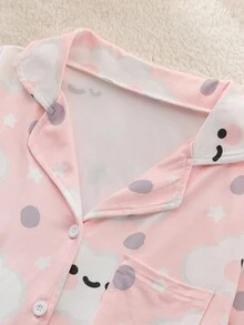 Conjunto de pijama para niñas preadolescentes, estampado de flores, nubes y caras sonrientes, top de manga larga con botones delanteros y pantalones largos, tela ignífuga, elegante y de moda - Rosa Pálido - Ver 4