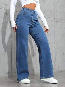 SHEIN PETITE 女士休闲水洗高腰牛仔裤 - 中等水洗藍 - 查看 4