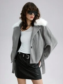 Airlisse Abrigo cruzado con cuello gris, mangas raglán y cintura con lazo, para otoño/invierno - Gris - Ver 4