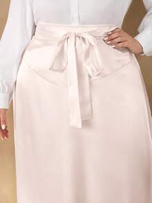 SHEIN Clasi Plus Size Satin Apricot Maxi Skirt: Elegant High-Waisted Semi-Sheer Woven Long Skirt With Tie Detail For Casual Style - Apricot - View 11