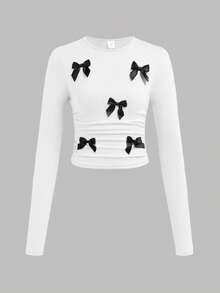 SHEIN 3pcs/Set Tween Girl Fitted Casual Solid Color Handmade Ribbon Bow Crew Neck Ruched Long Sleeve T-Shirts,Cute School White Winter Fall Pink Black Tops - Multicolor - View 8