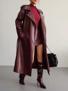Aidyla Women's Leather Long Sleeve Cinched Waist Waist Burgundy Trench Coat - Burgundy - View 5