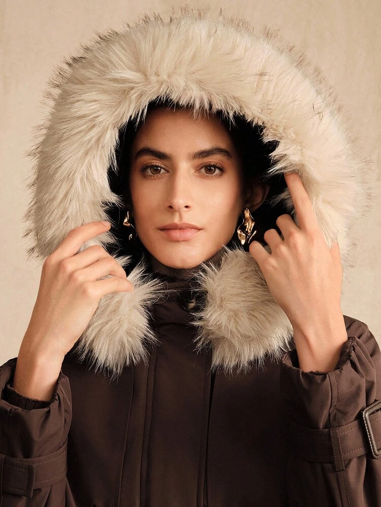 Women's Pockets Waist Belt Design Long Sleeve Zipper Front Fur Collar Hooded Long Casual Winter Jacket