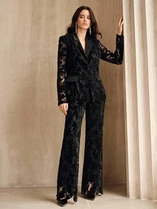 Anewsta 女士优雅时尚正装套装 - 精致丝绒镂空刺绣西装外套和裤子套装，适合外出、新年、圣诞节、毕业典礼、婚礼、商务场合。 - 黑色 - 查看 6
