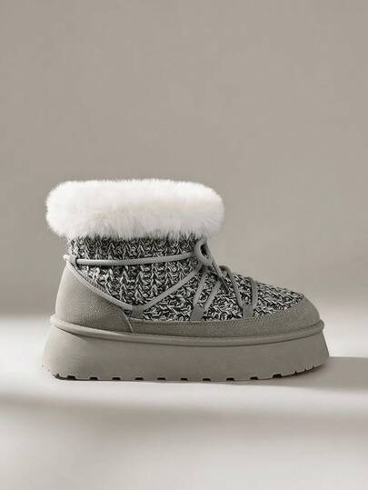 Solecia Grey Thick-Soled Knitted Knit Thermal-Lined Snow Boots, New Fashionable And Warm Women's Snow Boots, Thick-Soled Snow Boots, Warm Outdoor Boots