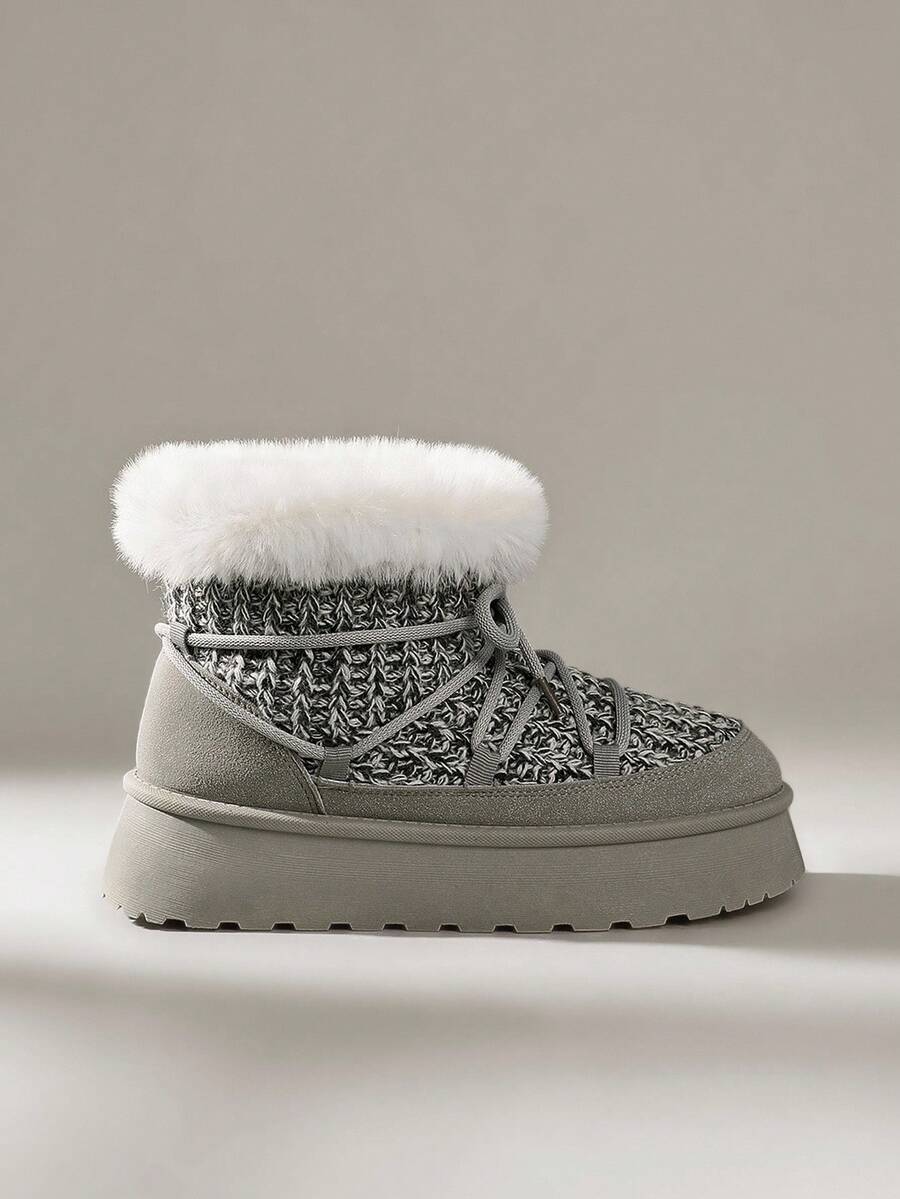 Solecia 灰色厚底针织保暖内衬雪地靴,新款时尚保暖女式雪地靴,厚底雪地靴,保暖户外靴 - 灰色 - 查看 1