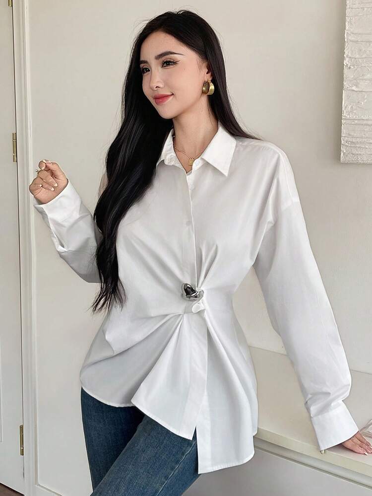 Women's Loose Fit Oblique Collar Metal Button Long Sleeve Casual Vintage Blouse, Autumn/Winter
