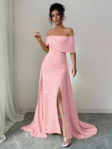 Elenzga 女士优雅露肩斗篷长裙，精致甜美的法式风格，适合初秋、返校、派对、教师装，黄色，S 型廓形，高开衩，鱼尾下摆 - 淺粉色 - 查看 5