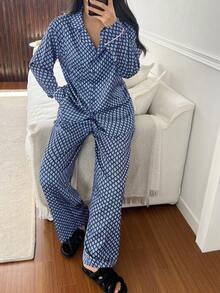 DAZY Geometric Floral Print Satin Women Pajama Set, Fall Winter Clothes - Blue - View 4