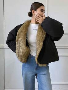 Livesso Women's Fur Collar Patchwork Long Sleeve Open Front Loose Winter Jacket Vest - Black - View 5