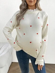 SHEIN 女士心形印花刺绣蕾丝边孕妇长袖毛衣 - 米色 - 查看 4