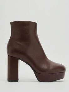 Solezae Botas Femininas Casuais De Salto Bloco Com Plataforma E Zíper - Castanho - Ver 5