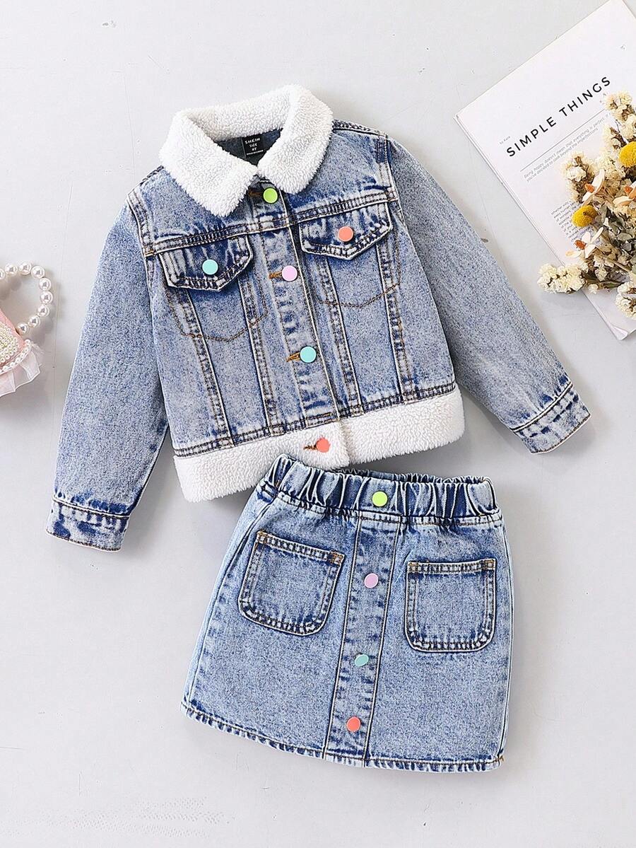 SHEIN 1 Set Girls Denim Outfit,New Autumn/Winter Collection,Light Blue Denim,Casual Style,Multi-Color Buttons,Furry Collar&Cuffs,Fitted,Back-To-School New - Light Wash - View 1