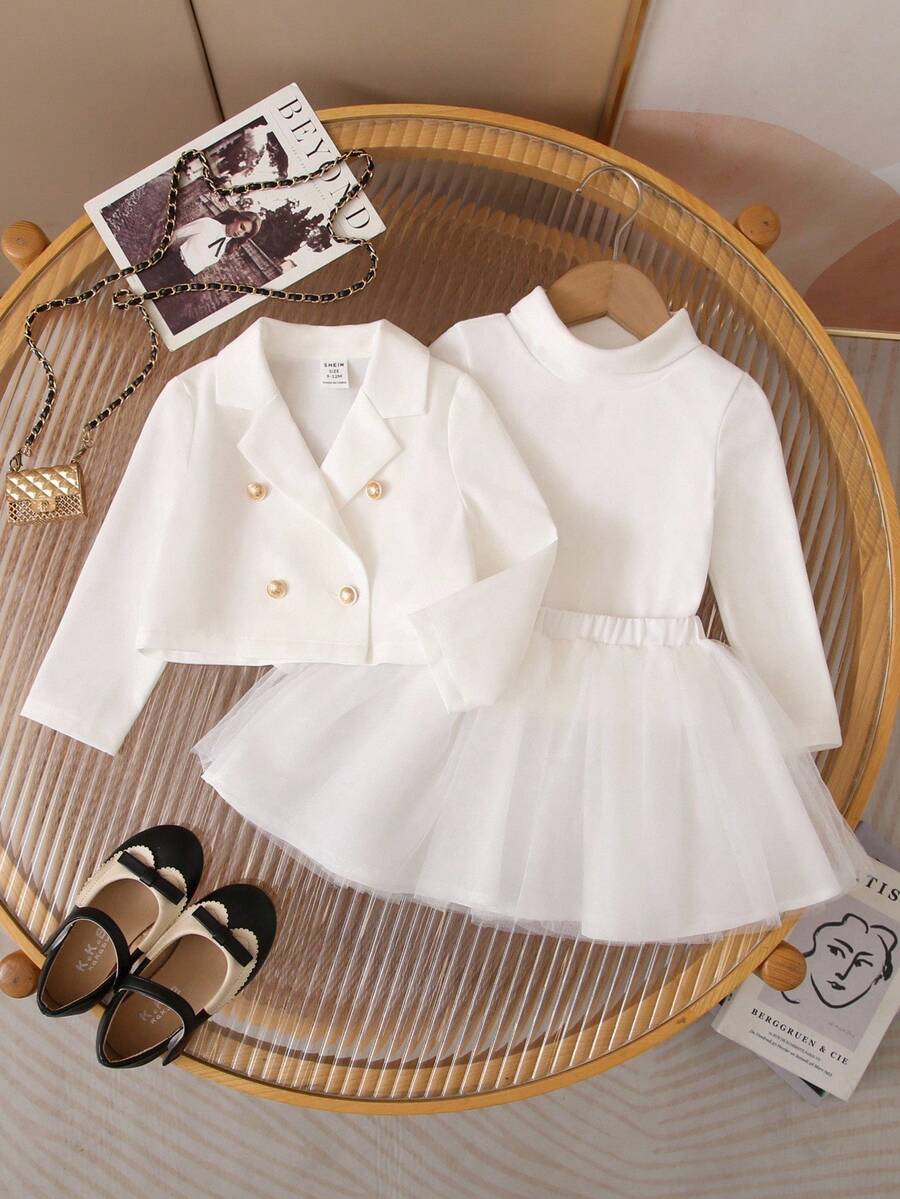 SHEIN Babygirl 优雅白色夹克和薄纱裙套装，秋冬 - 白色 - 查看 1
