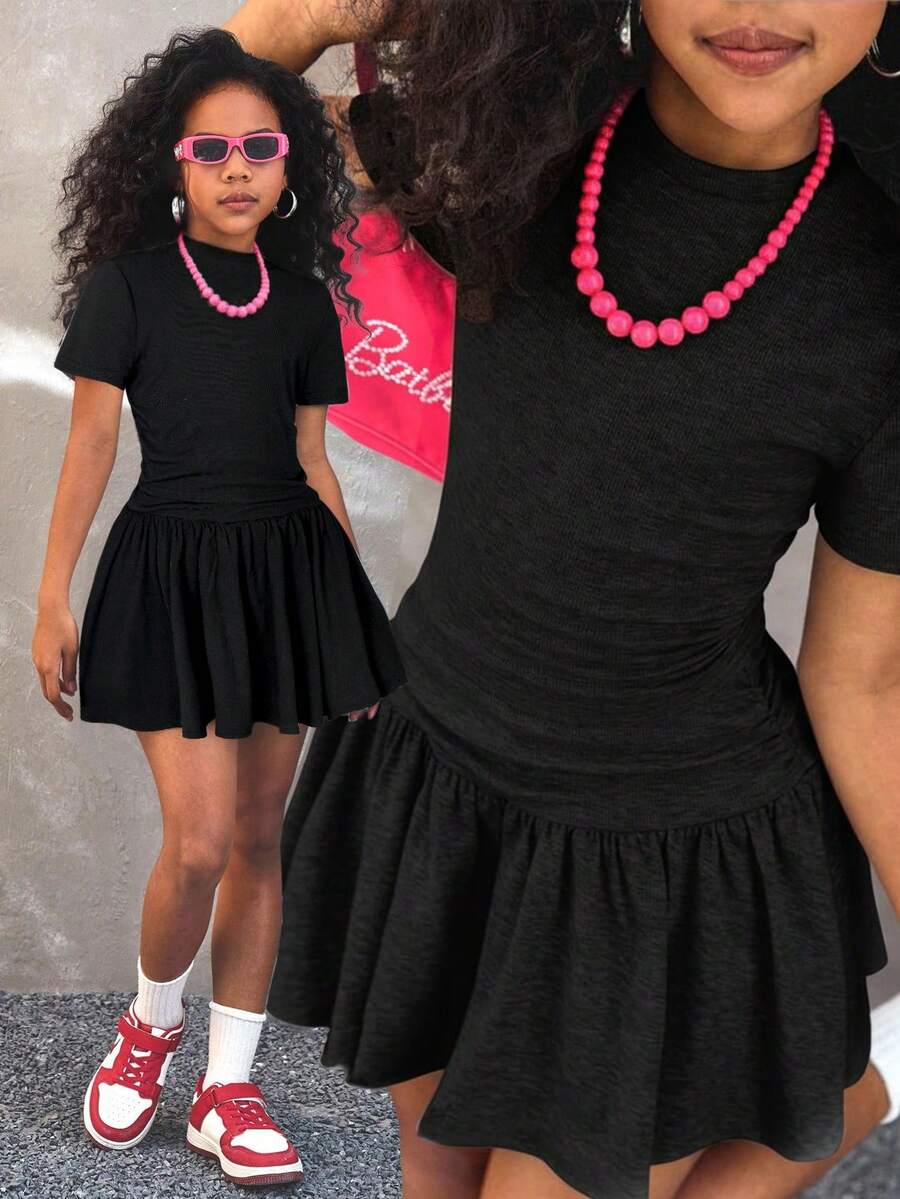 Coolane Kids 女童夏季可爱休闲灰色裙子套装：短袖短款上衣和褶皱迷你裙，夏季 - 黑色 - 查看 1