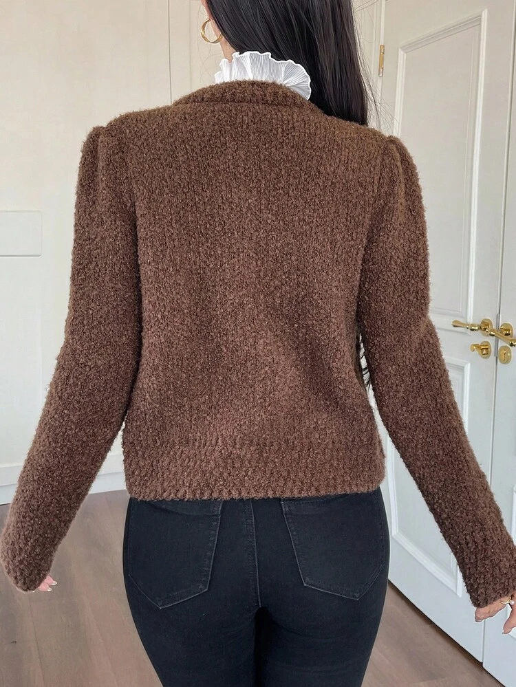 Women's Elegant Contrast Plisse Ruffle Trim Patchwork Pocket Button Front Cardigan, Autumn/Winter