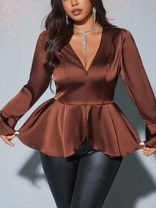 Viva Relle 大码女式纯色V领喇叭袖纽扣设计荷叶边下摆优雅衬衫 - 棕色 - 查看 3