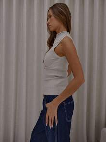 MUSERA Washed Funnel Neck Ribbed Waist Stretch Knit Top Classy Cute Sexy Streetwear Fall Autumn Night Out Evening Party Elegant  New Year - Khaki - View 4