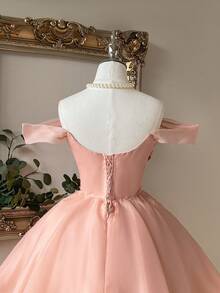 Lovelzi Thanh lịch, lãng mạn, ngọt ngào, duyên dáng, váy hở vai bằng vải organza màu hồng nhạt, có thể điều chỉnh được, thắt eo, thích hợp cho tiệc vũ hội, những dịp bán trang trọng, sinh nhật, khách dự tiệc cưới, tốt nghiệp - Màu Hồng  San hô - Xem 4