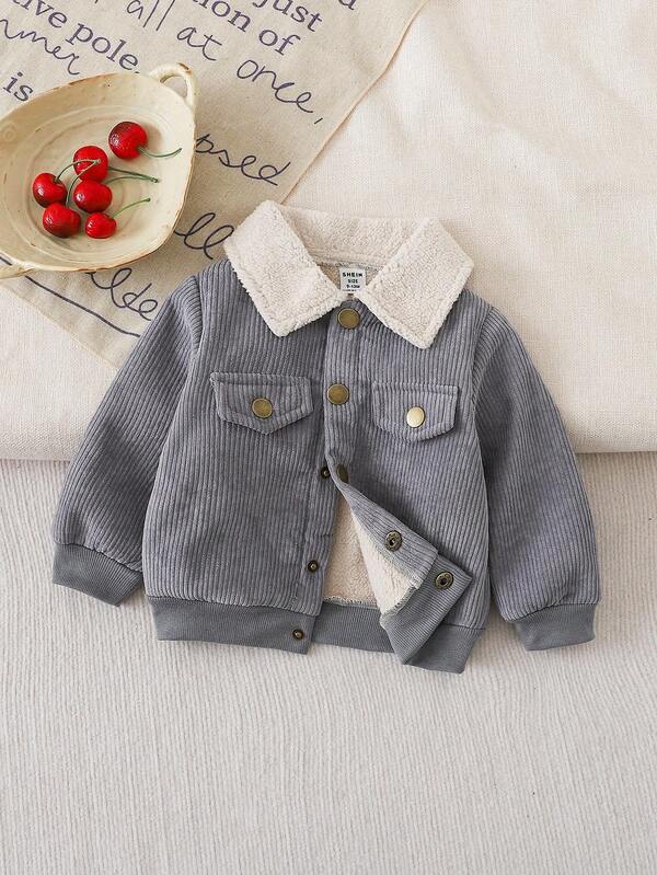 SHEIN Baby Boys Casual Flap Pocket Fleece Lined Jacket, Suitable For Autumn/Winter Fall