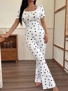 SHEIN Women's Casual Heart Print Square Neck Tight Top And Flare Pants Pajama Set Cute Lounge Set Women Pajama Set Heart Pajama Set Summer Lounge Sets For Women Two Pieces Sleepwear Set - Multicolor - View 4