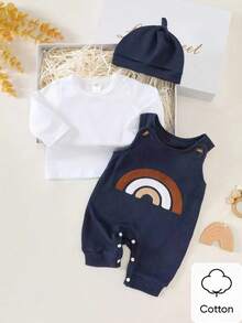SHEIN Newborn Male Baby White Long Sleeved Shirt Paired With Navy Blue Sleeveless Rainbow Embroidered Jumpsuit And Hat, Autumn New Fabric Comfortable And Innovative Style Fall Winter - Multicolor - View 5