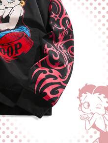 ROMWE MEN Betty Boop | ROMWE Áo khoác bóng chày tay dài họa tiết hoạt hình dành cho nam, cài một hàng khuy, mùa thu - màu đen - Xem 4