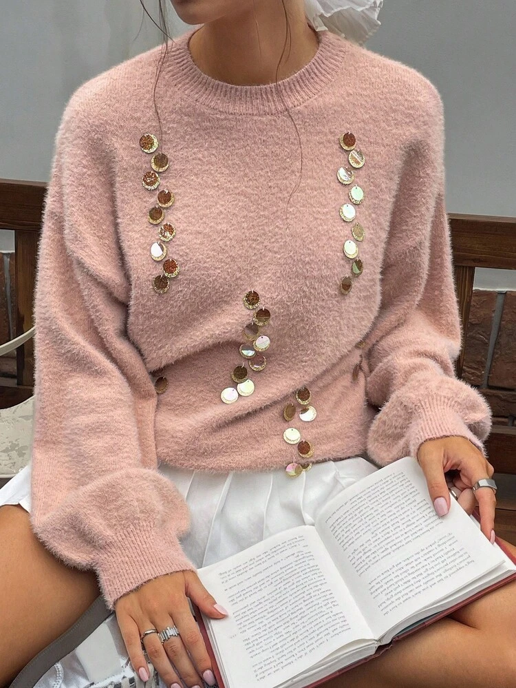 Women's Sequin Embellished Round Neck Loose Knit Sweater, Autumn