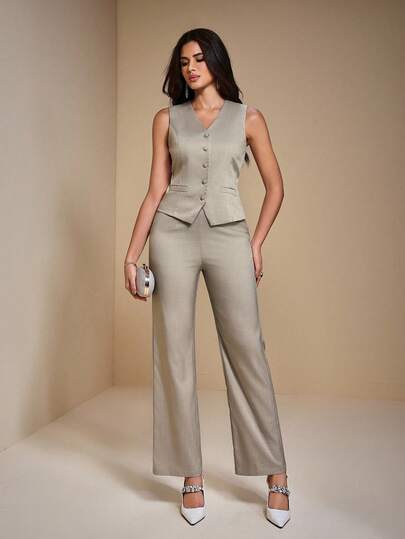 JIAN LASALA 中腰直筒纯色梭织长裤，女士秋季休闲优雅穿搭，适合外出、派对、新年、婚礼宾客等场合，尽显奢华时尚。