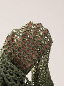 Amplova Bộ 2 món áo len tay loe khoét lỗ màu trơn gợi cảm siêu ngắn có tua rua trang trí thời trang nữ - xanh quân đội - Xem 7