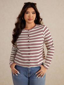 Elaquor 秋季大码女式条纹长袖单排扣休闲T恤