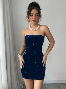 Elenzga 万圣节服装黑色露肩珍珠腰天鹅绒优雅浪漫女士连衣裙 - 藏蓝色 - 查看 3