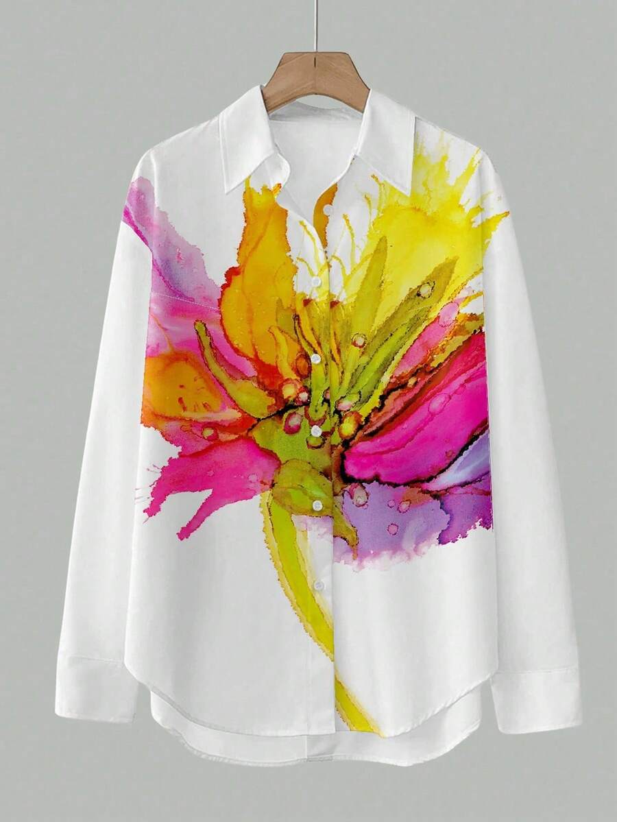 SHEIN LUNE 大码女式时尚彩色花卉图案翻领单排扣休闲衬衫 - 彩色 - 查看 1