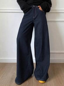 Livesso Women's Solid Color Wide Leg Loose Cargo Pocket Casual Jeans