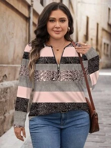 SHEIN LUNE Gold glitzernder gestreifter Muster Große Größen Halb-Reißverschluss Rundhals Loose Langarm T-Shirt, geeignet für den Herbst - Verschiedenfarbig - Übersicht 5