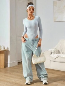Slayform Slayform Jumpsuit Wanita Warna Polos Leher Bulat Lengan Panjang Pas Badan dengan Detail Lubang - Light Grey - View 7