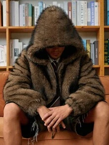 STEELVANCE 男士冬季长袖拉链休闲连帽仿皮草大衣，秋季